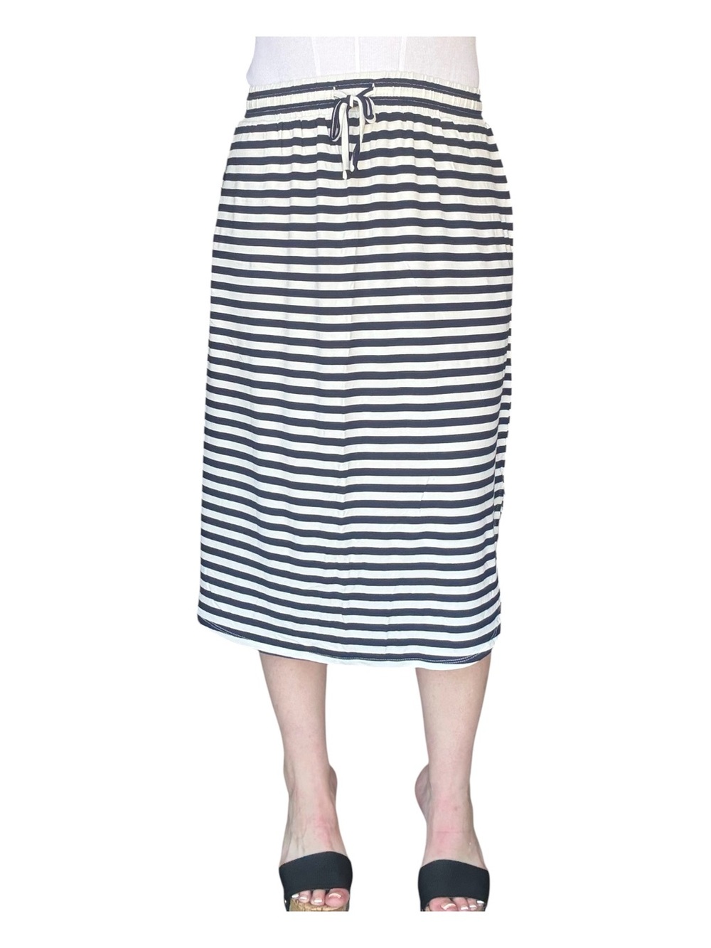 dip NWT Striped Navy and White Drawstring Midi Skirt